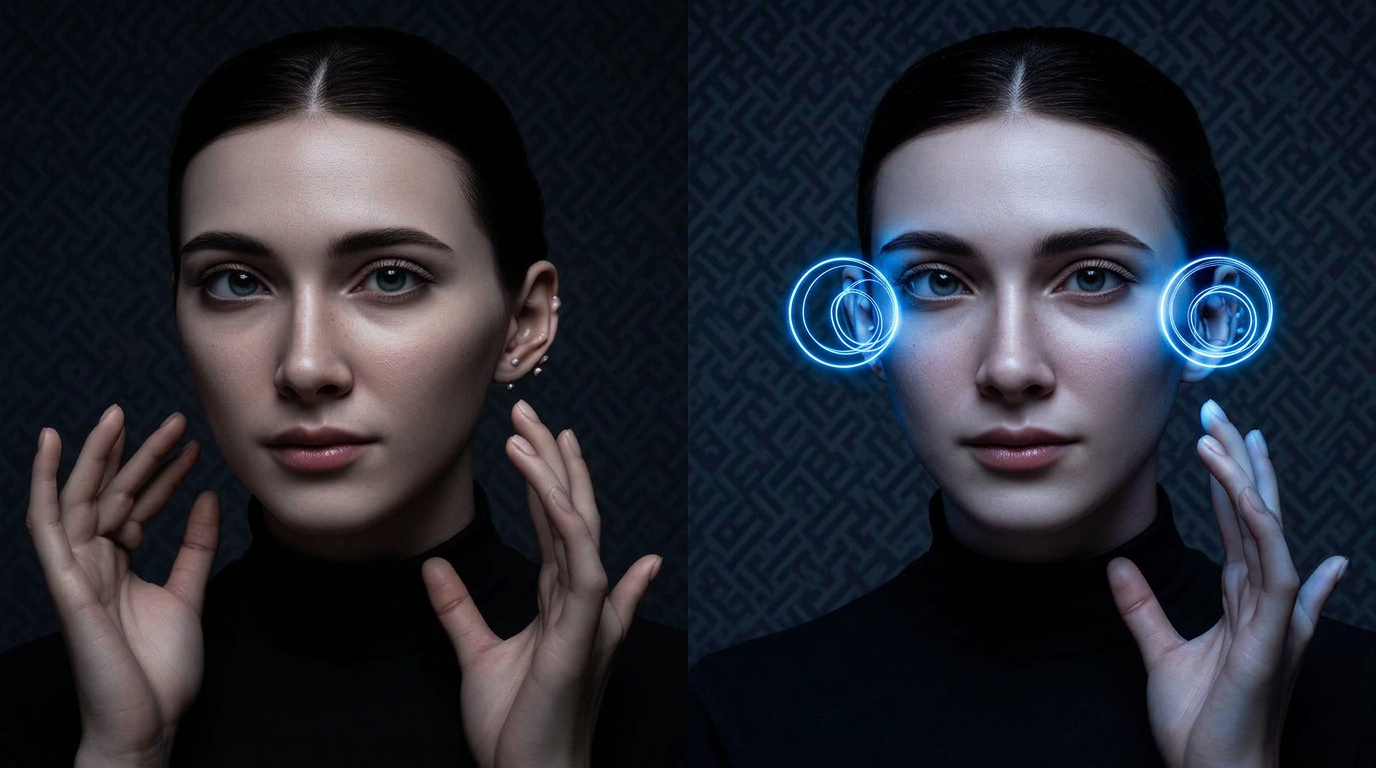 Before and after: a synthetic portrait with three glowing annotations on the hand, ear and background pattern