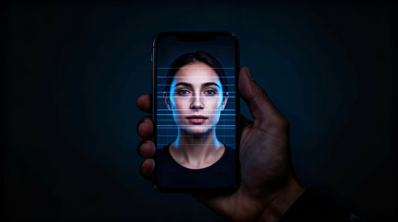 A phone held in low light analysing a face with a blue grid overlay