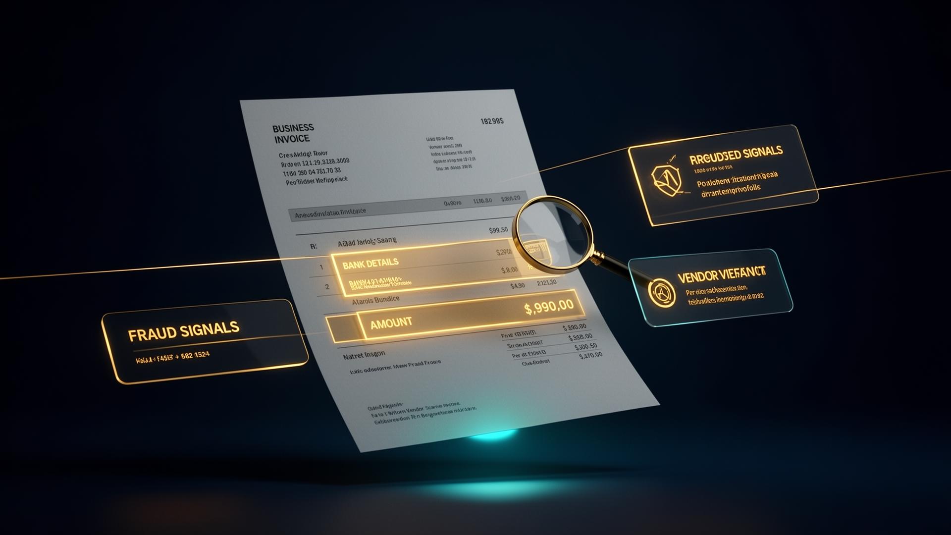 AI scanner highlighting fraud signals on a business invoice